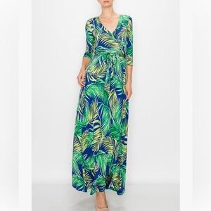NWT Bon Rosy Janette 3/4 Sleeve V-Neck Tropical Faux‎ Wrap Maxi Dress Navy Green